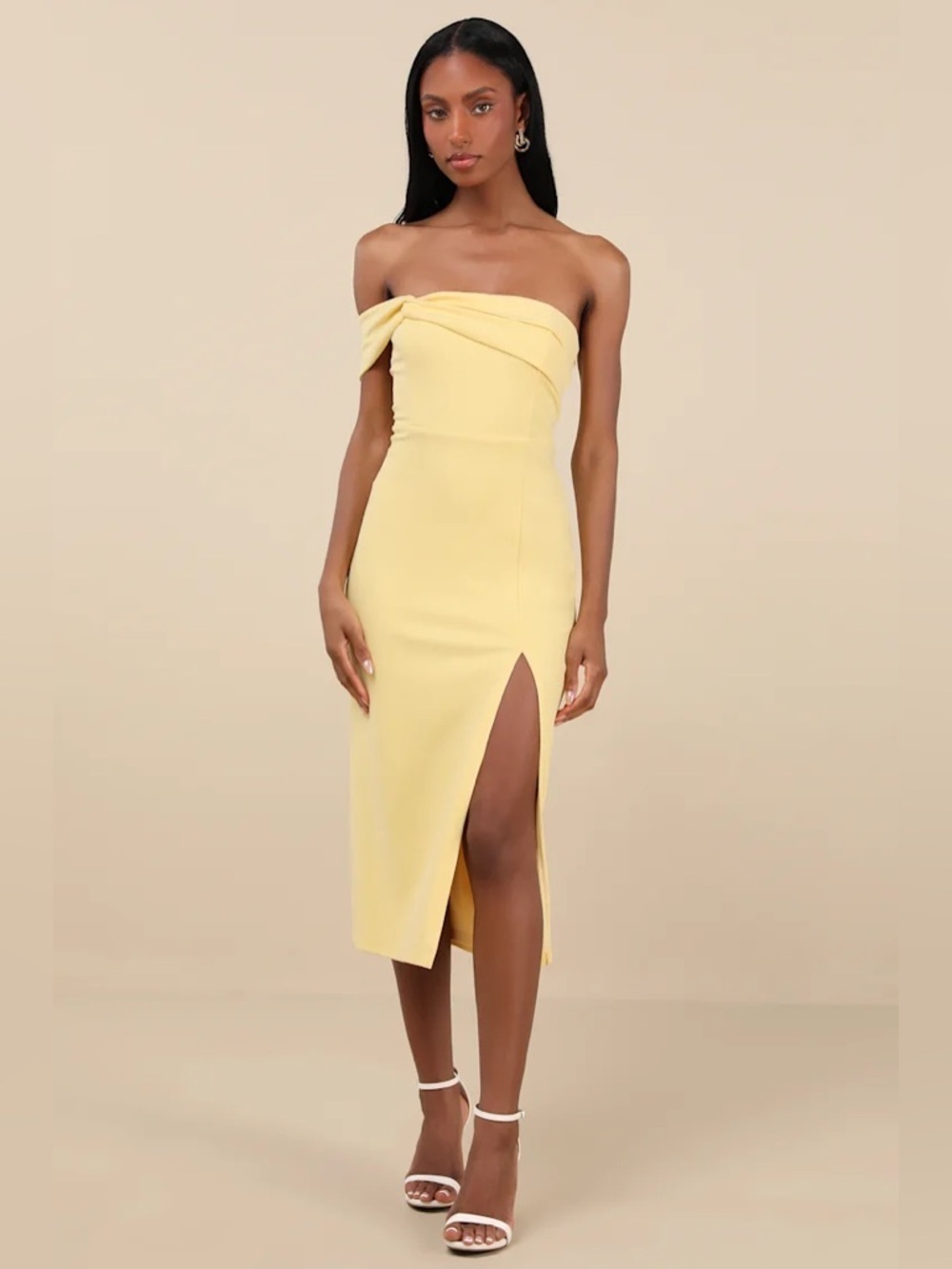 Lulus Twist and Make Up Light Yellow One-Shoulder Bodycon Midi Dress